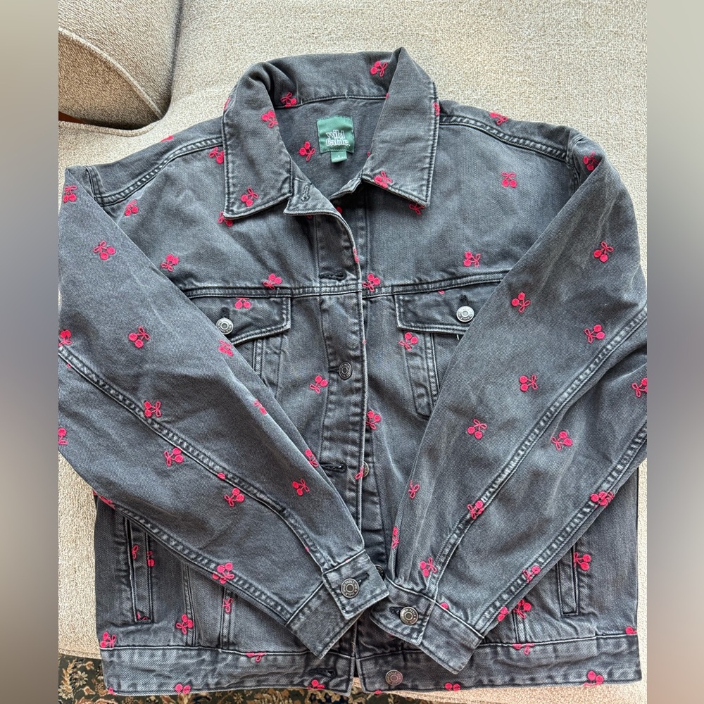 Wild Fable Black Denim Jacket with Cherry Accents